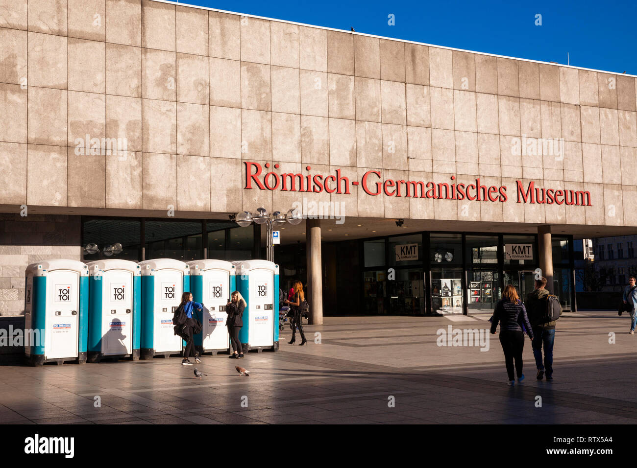 portable toilets in front of the Romano-Germanic Museum at the Roncalli square, Cologne, Germany.  Dixi Toiletten vor dem Roemisch-Germanischen Museum Stock Photo
