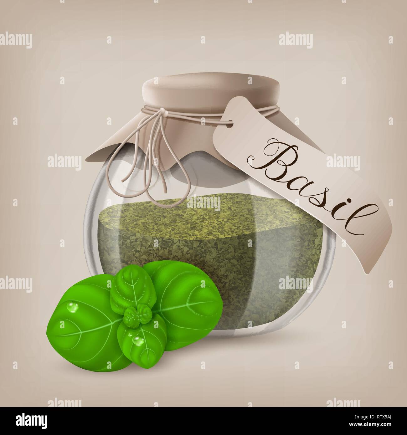Basil dry spice in a jar with basil leaves. Vector illustration Stock