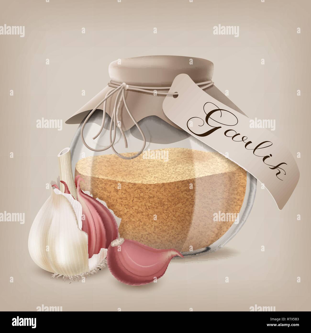 Ground dry garlic in a glass jar with whole garlic. Vector illustration