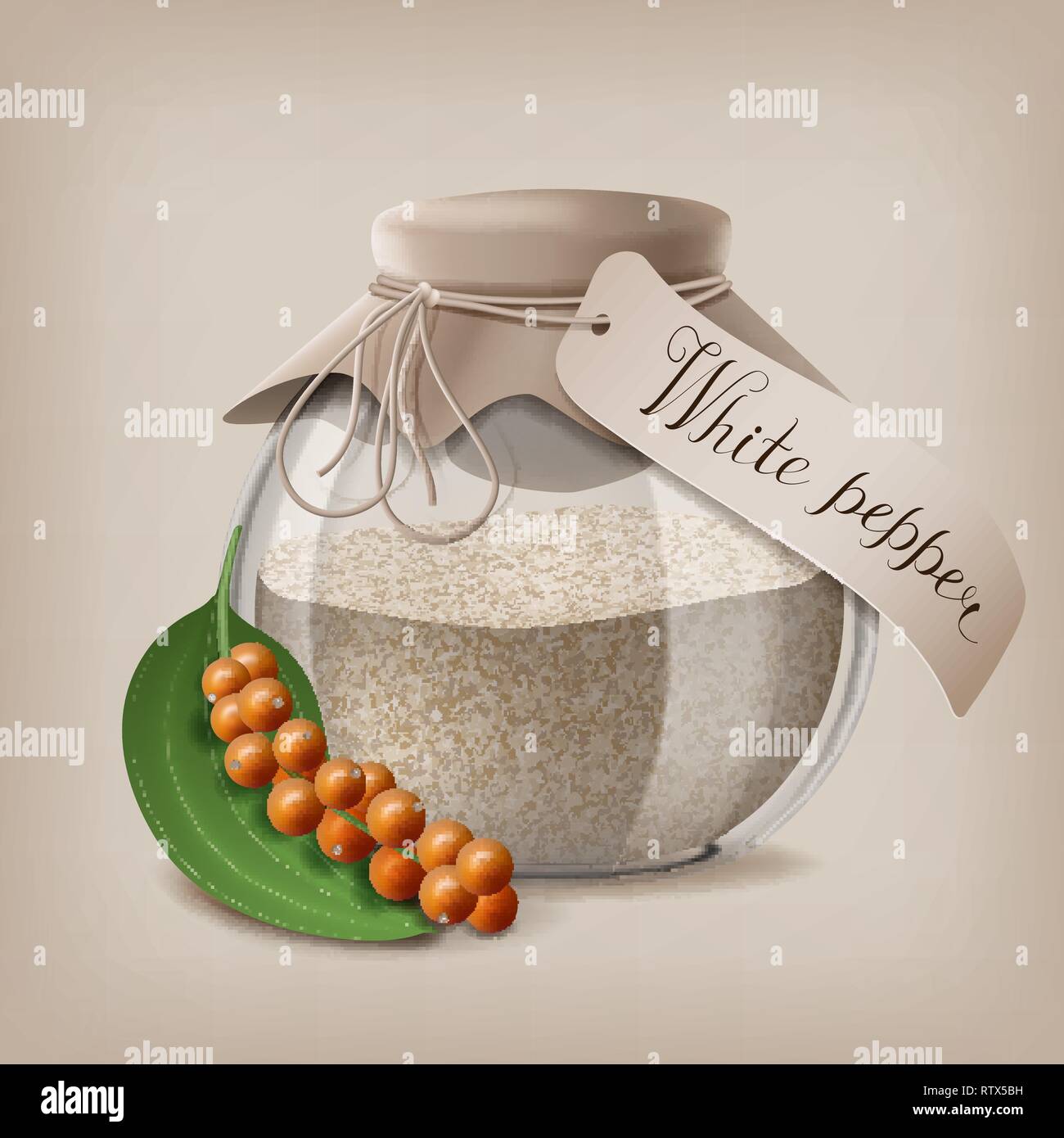 Ground white pepper in a glass jar with a branch of fruit pepper