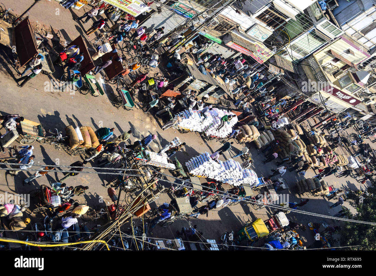 Rooftop view of Khari Baoli,  Bustling Indian Wholesale Spice Market, Old Delhi, India Stock Photo