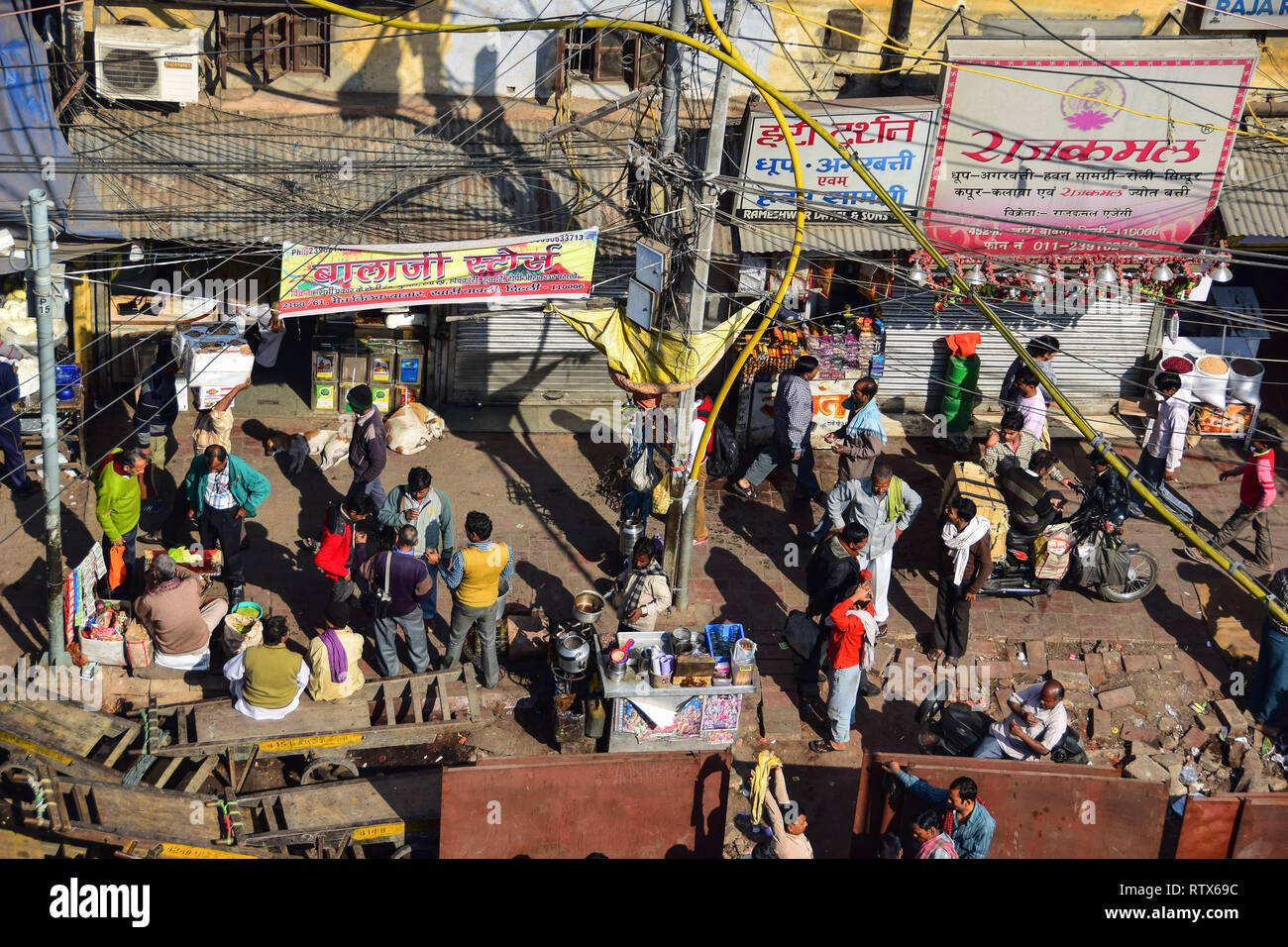 Rooftop view of Khari Baoli,  Bustling Indian Wholesale Spice Market, Old Delhi, India Stock Photo