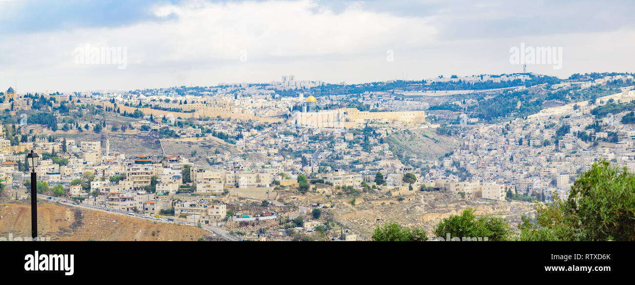 Panoramic view of the old city of Jerusalem from the south, with the walls, al-Aqsa mosque, and the Dormition Abbey. Jerusalem, Israel Stock Photo