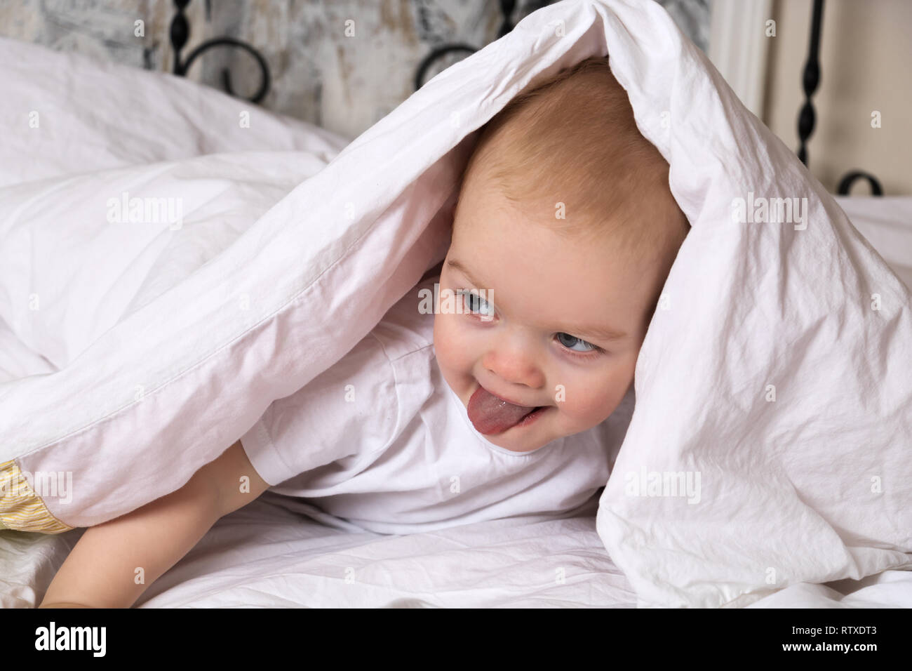 baby playing hide and seek hiding under a blanket Stock Photo Alamy