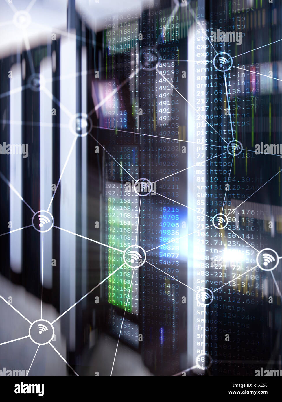 Wi fi network abstract structure on modern server room background Stock ...
