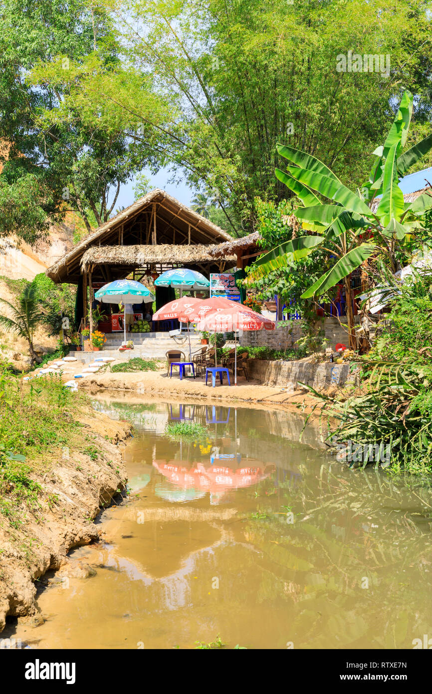 NAM TIEN, VIETNAM - FEBRUARY 15, 2018: Kiost at a Fairy Stream river bank in Nam Tien, Vietnam on February 15, 2018 Stock Photo