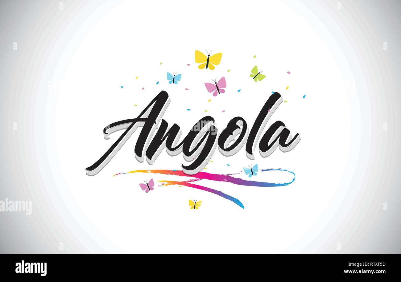 Angola Handwritten Word Text with Butterflies and Colorful Swoosh ...