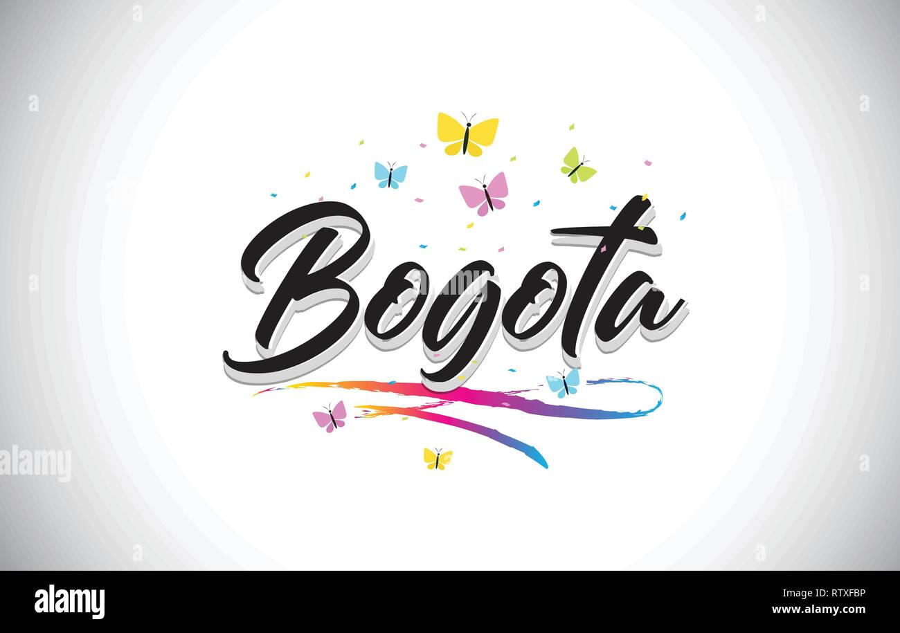 Bogota Handwritten Word Text with Butterflies and Colorful Swoosh Vector Illustration Design. Stock Vector