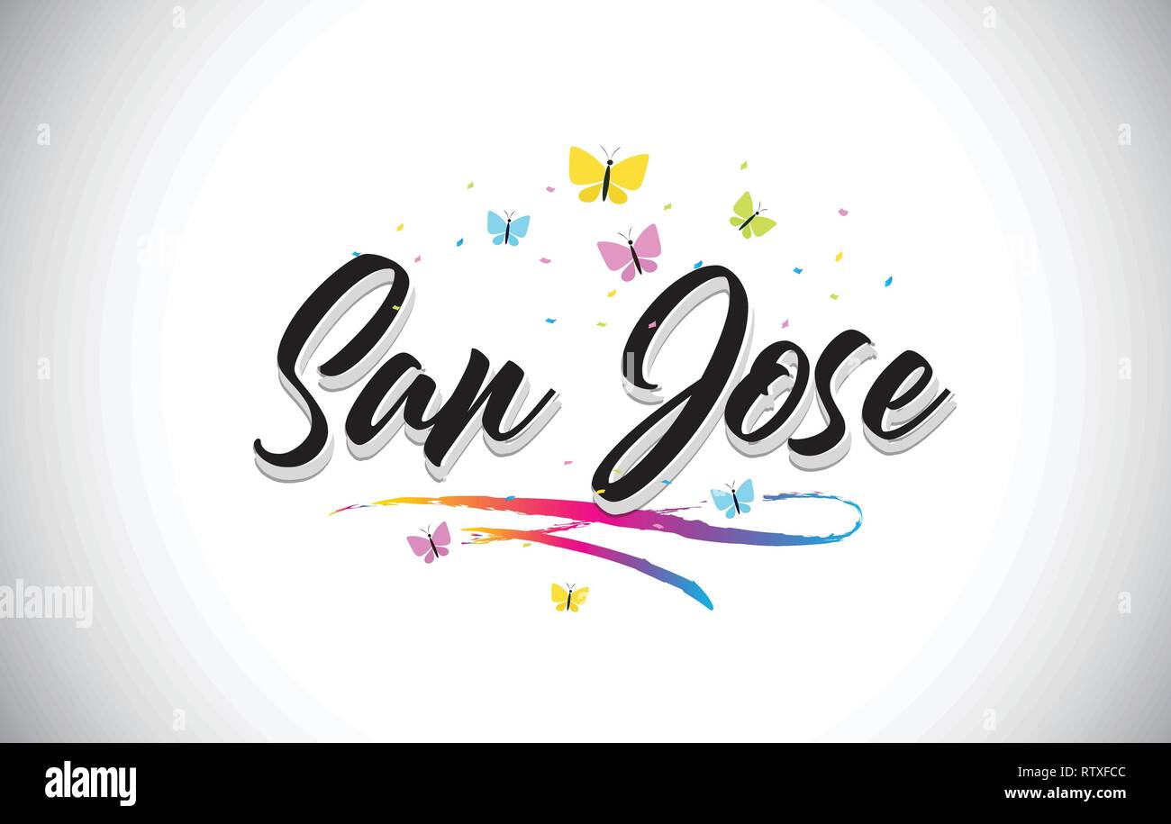 San Jose Handwritten Word Text with Butterflies and Colorful Swoosh Vector Illustration Design. Stock Vector