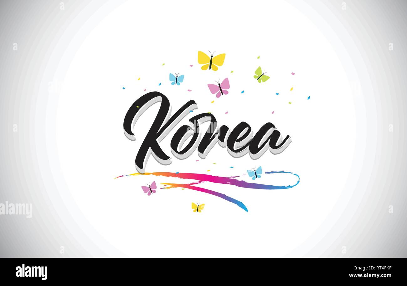 Korea Handwritten Word Text with Butterflies and Colorful Swoosh Vector