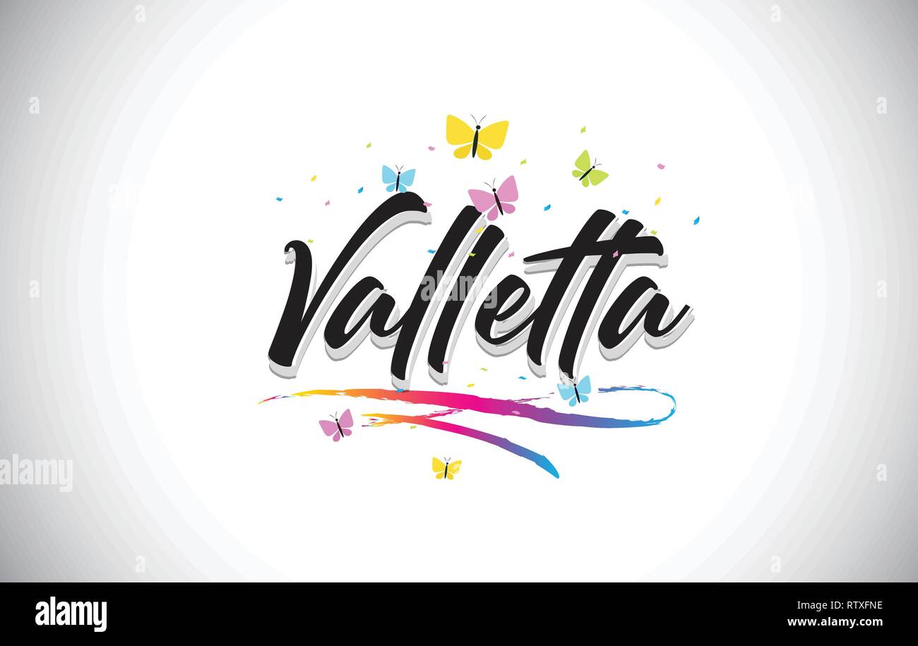 Valletta Handwritten Word Text with Butterflies and Colorful Swoosh Vector Illustration Design. Stock Vector