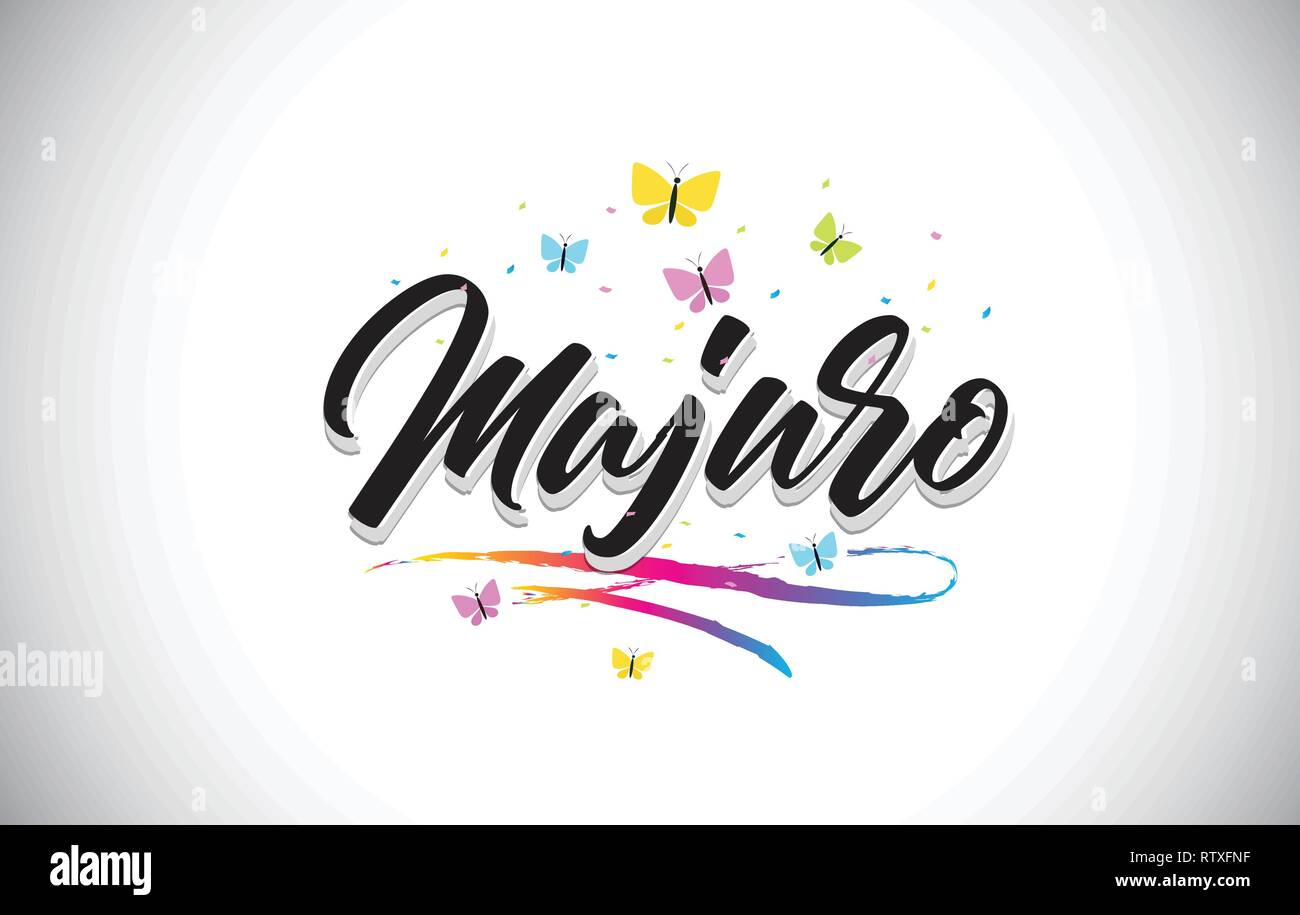 Majuro Handwritten Word Text with Butterflies and Colorful Swoosh Vector Illustration Design. Stock Vector