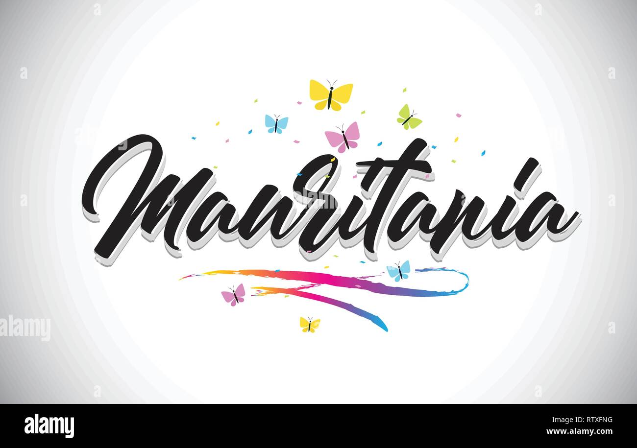 Mauritania Handwritten Word Text with Butterflies and Colorful Swoosh Vector Illustration Design. Stock Vector