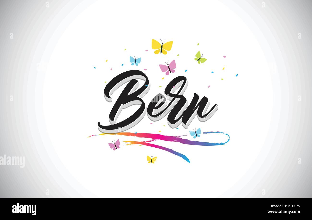 Bern Handwritten Word Text with Butterflies and Colorful Swoosh Vector ...