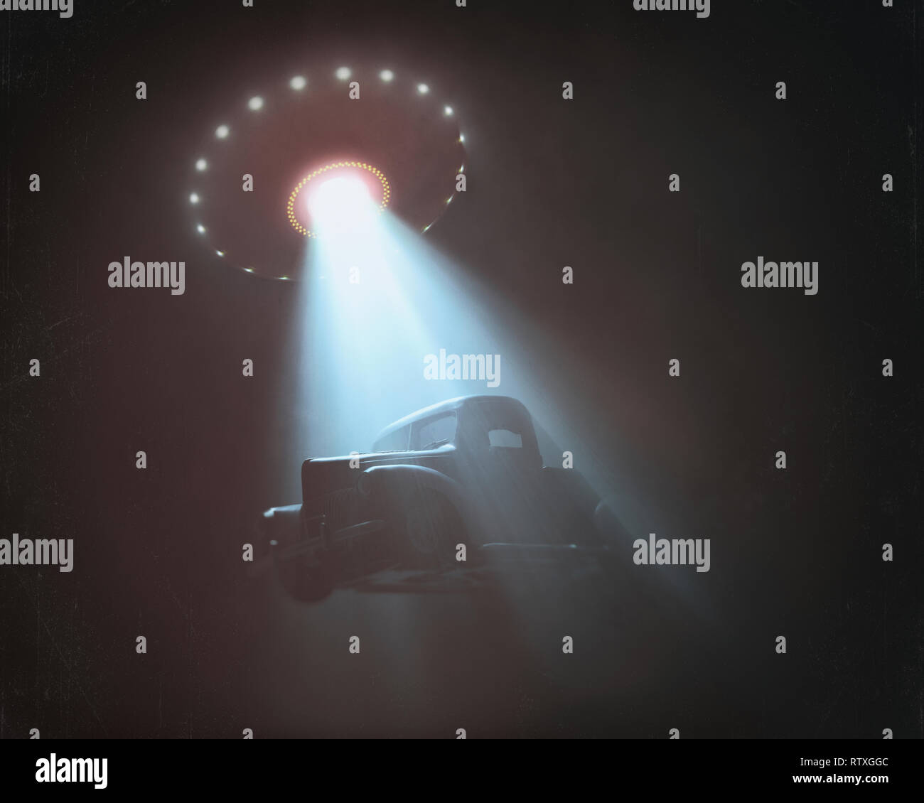 Conceptual illustration of alien abduction. Unidentified flying object (UFO) lifting a car. Stock Photo
