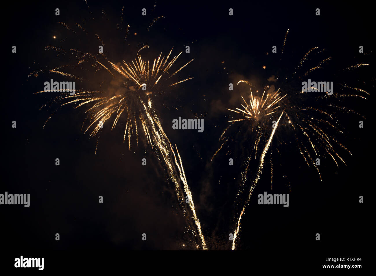 Two bright colorful fireworks explosion in the sky. Beautiful ...