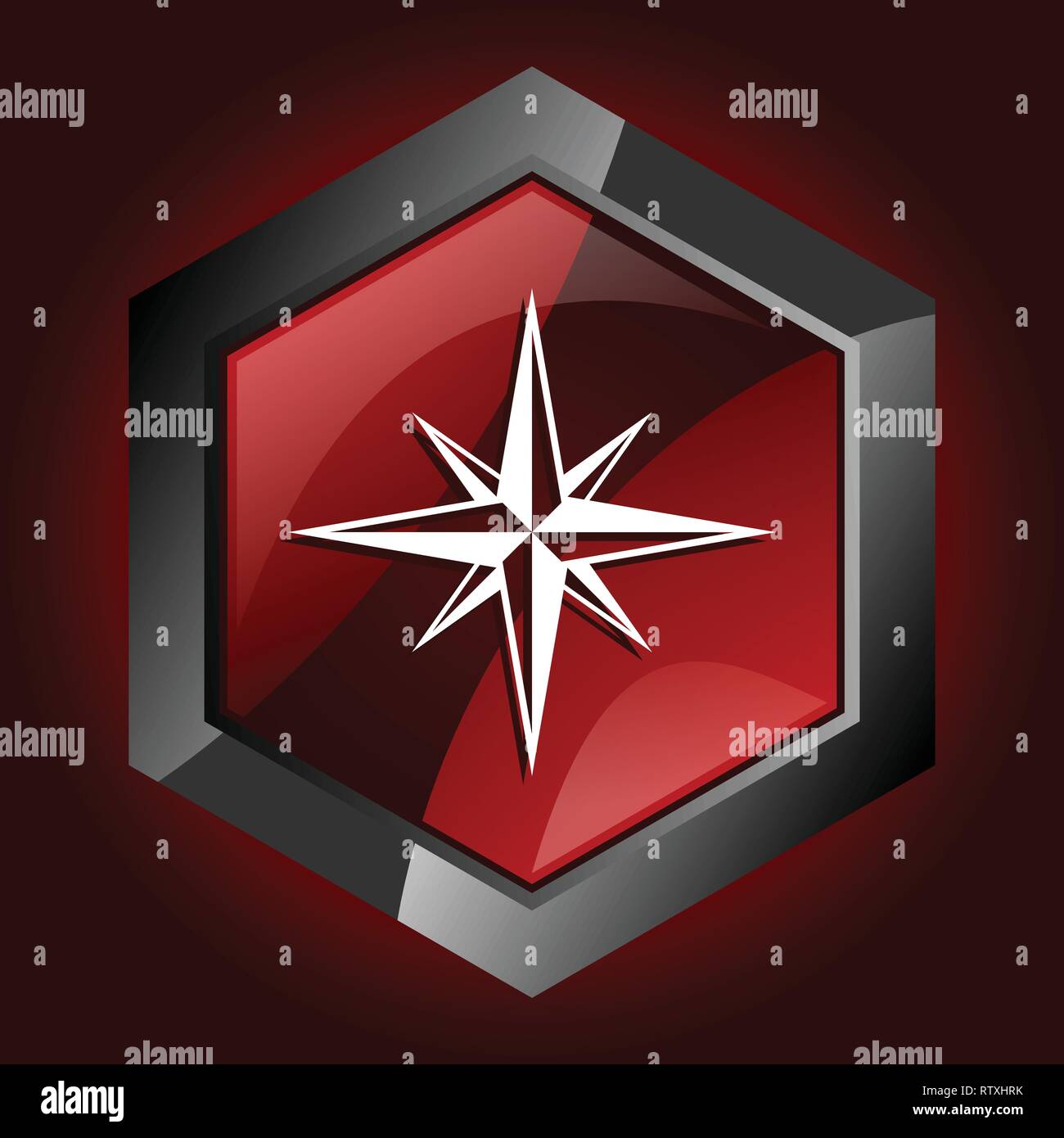 Compass hexagonal glossy dark red and black web icon, vector illustration in eps 10 Stock Vector