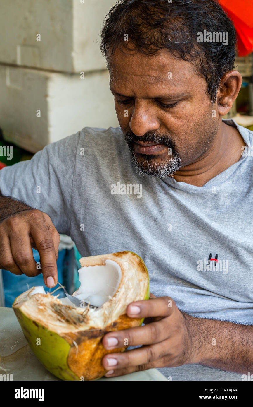 Man Eating Coconut Pulp after Drinking Coconut Water, Kuala Lumpur, Malaysia. Stock Photo