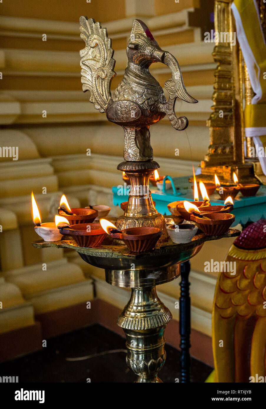 Brass Lampstand, Kuil Sri Krishna Hindu Temple, Kuala Lumpur, Malaysia. Stock Photo