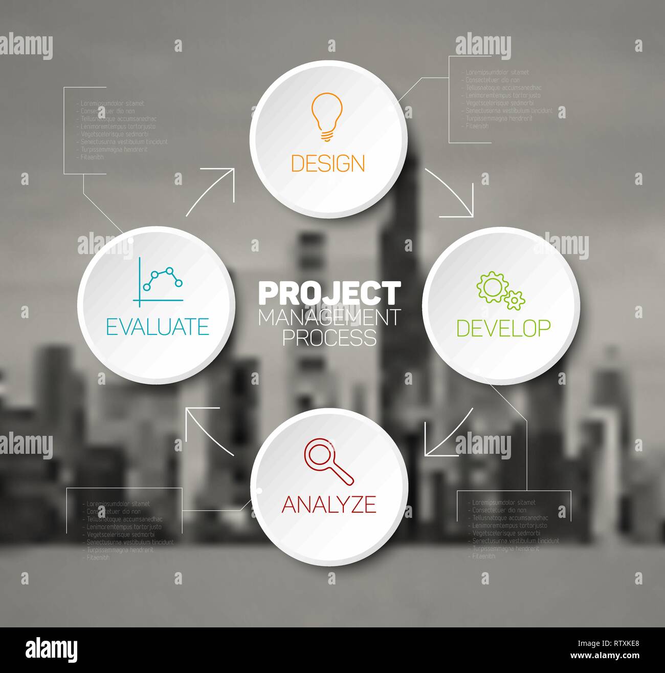 Vector Project management process diagram with white buttons and city ...
