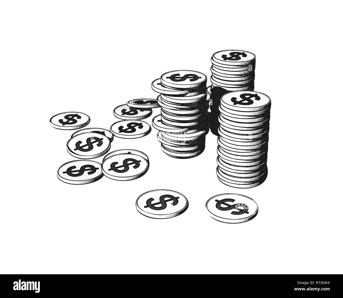 Engraving Monochrome Coin Money Set Isolated On White Background Stock