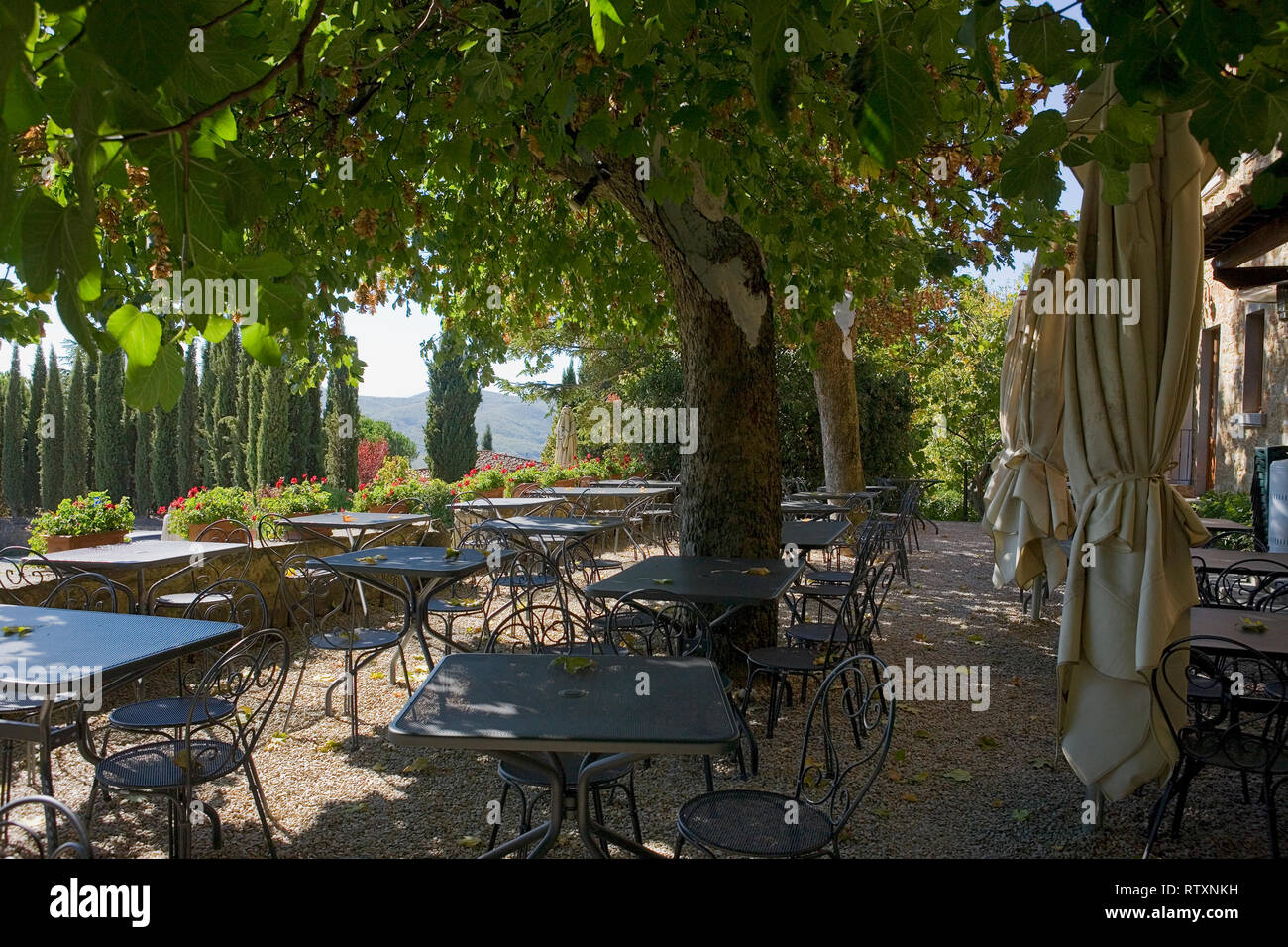 The terrace of La Bottega, the well-known osteria in Volpaia, Tuscany, Italy Stock Photo