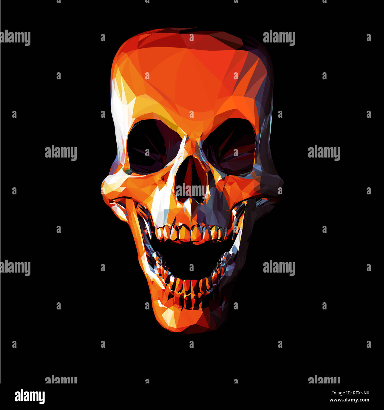 Low poly orange skull with stylized characteristic smiling on dark background Stock Photo