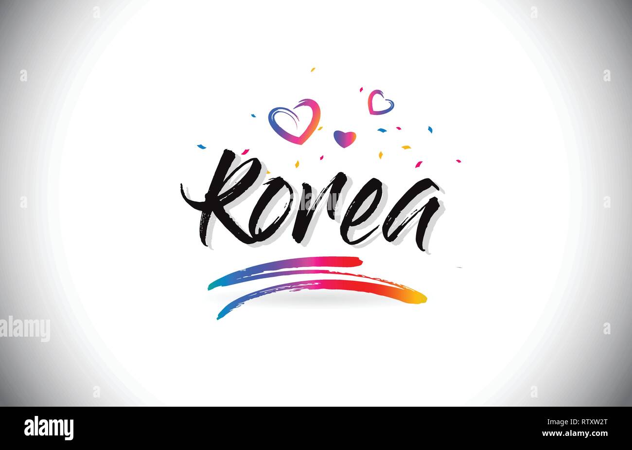 Korea To Word Text with Love Hearts and Creative Handwritten Font Design Vector