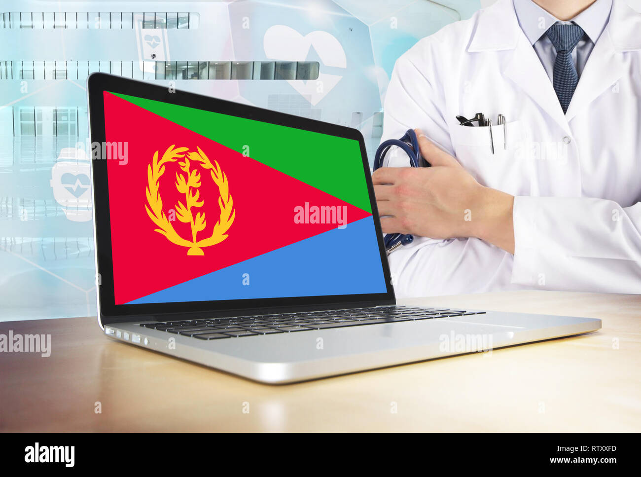 Eritrea healthcare system in tech theme. Eritrean flag on computer ...