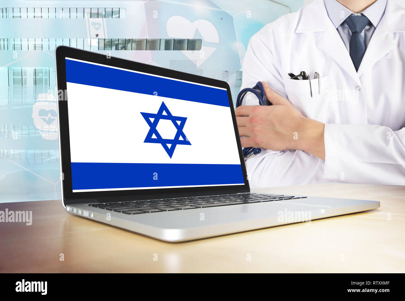 Israel Healthcare System In Tech Theme Israeli Flag On Computer Screen