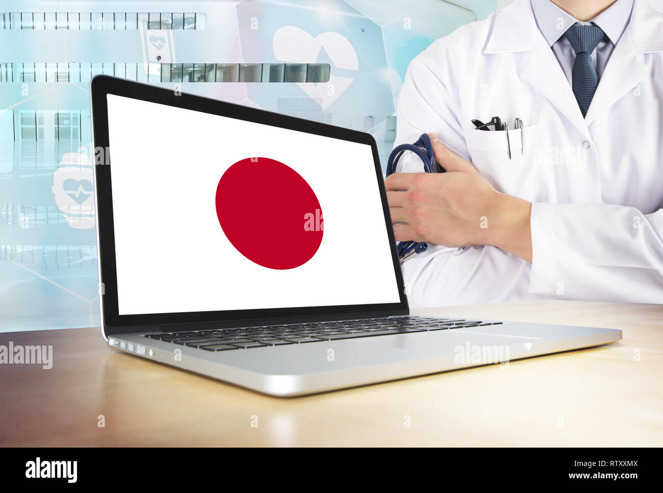Japan healthcare system in tech theme. Japanese flag on ...