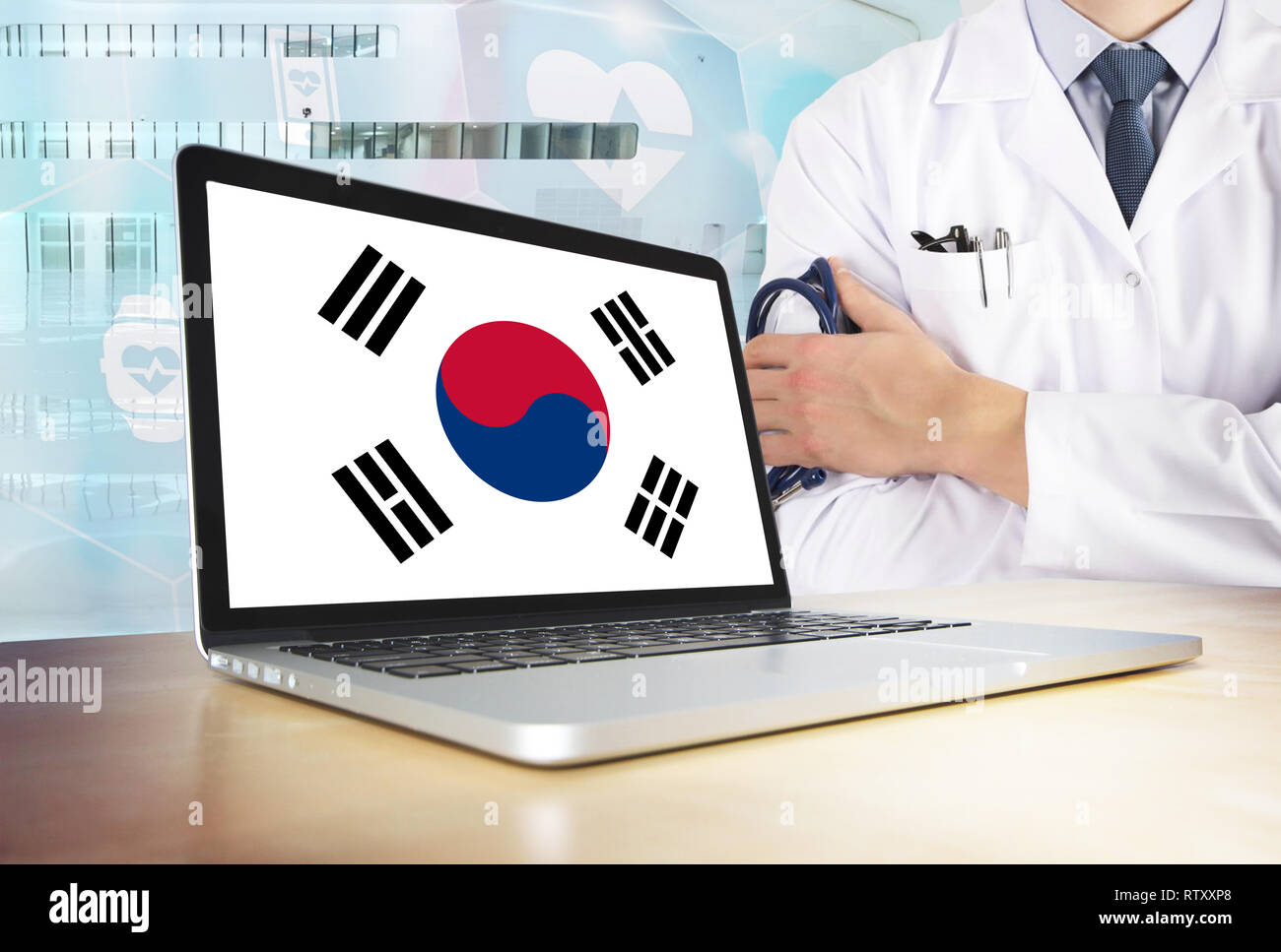 South Korea healthcare system in tech theme. Korean flag on computer