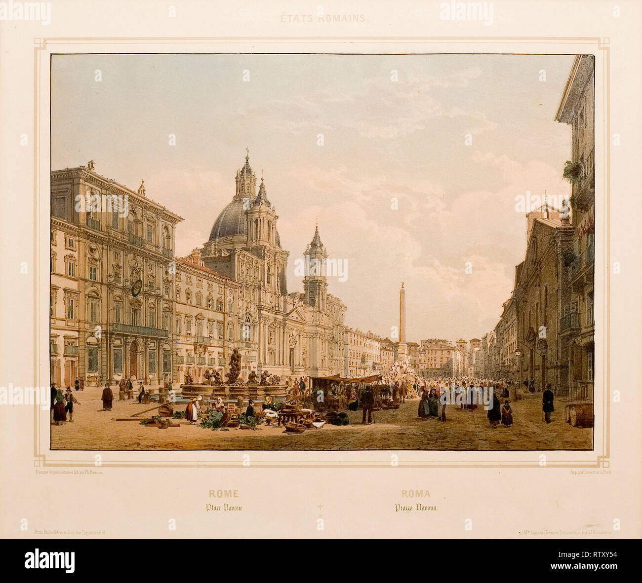 Benoit Philip. Rome. Piazza Navona. Lithograph of the 19th century ...