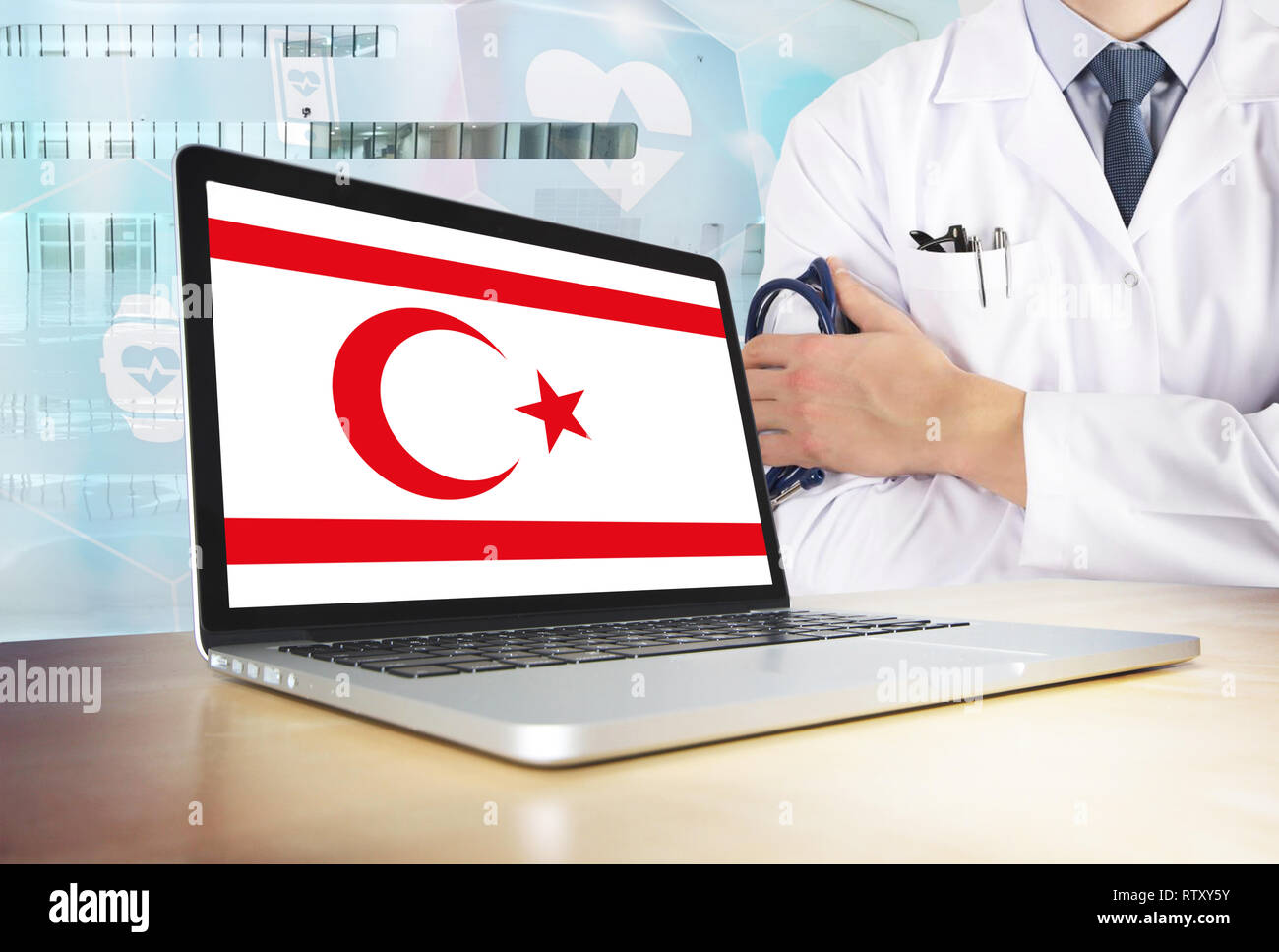 Northern Cyprus healthcare system in tech theme. Cypriot flag on
