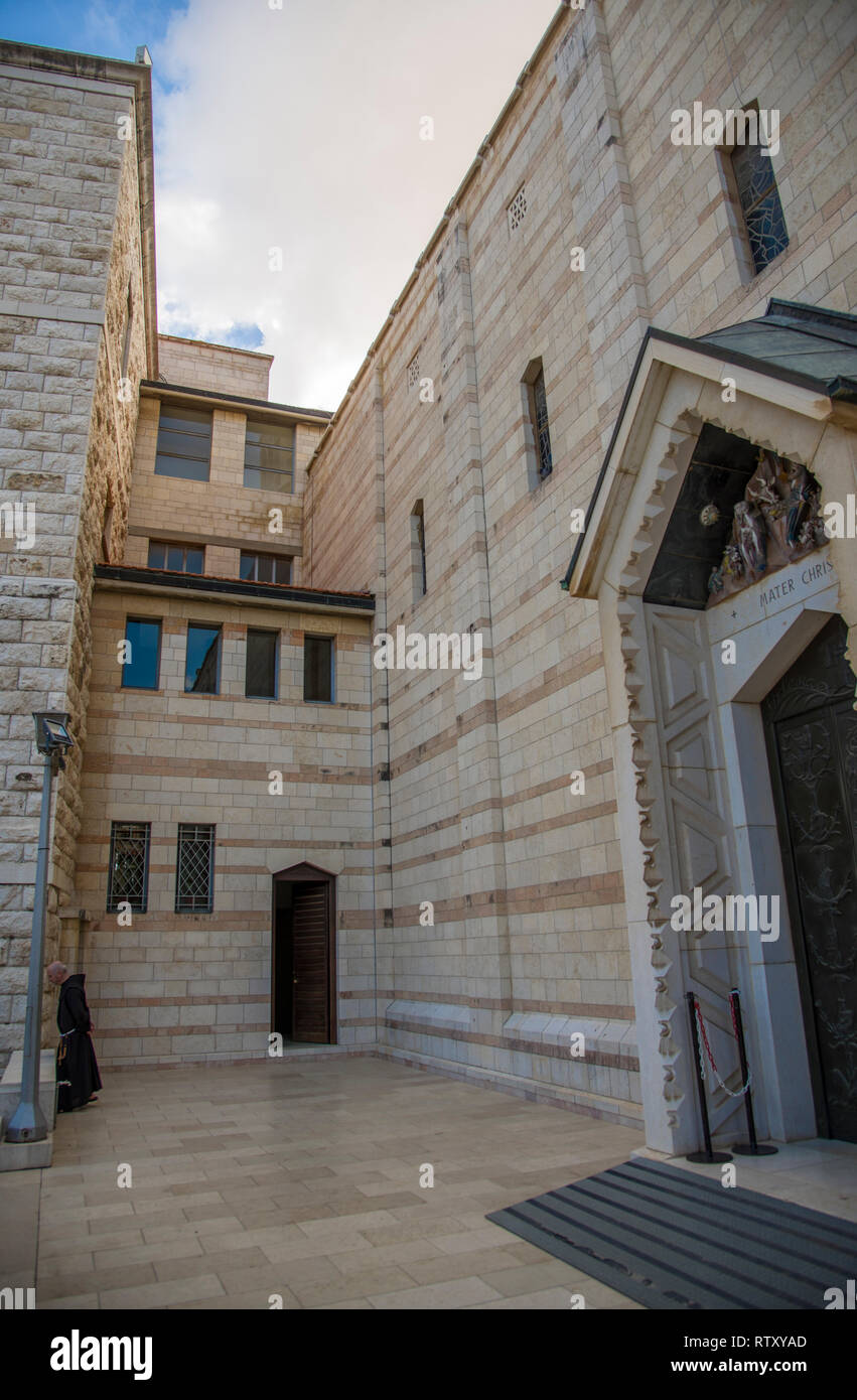 Exit of prayer hall in Basilica of the Annunciation, Church of the Annunciation in Nazareth, Israel Stock Photo
