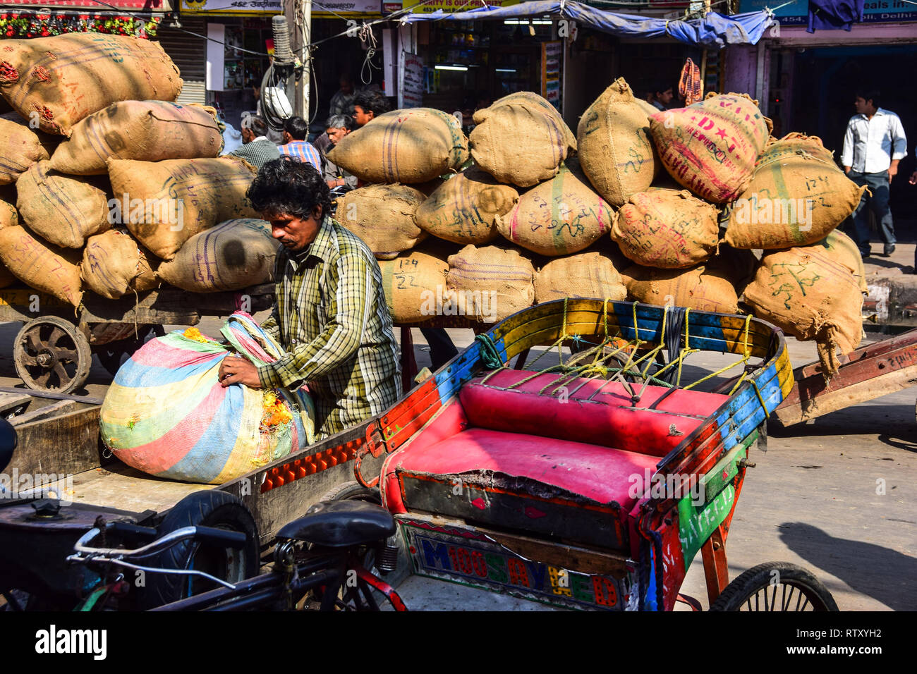 Khari Baoli,  Bustling Indian Wholesale Spice Market, Old Delhi, India Stock Photo