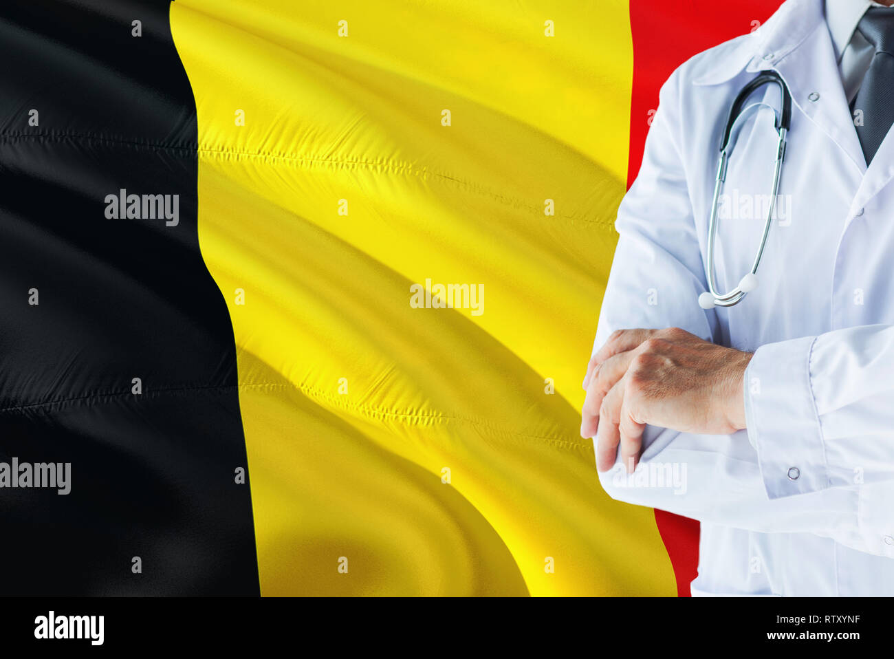 Belgian Doctor standing with stethoscope on Belgium flag background