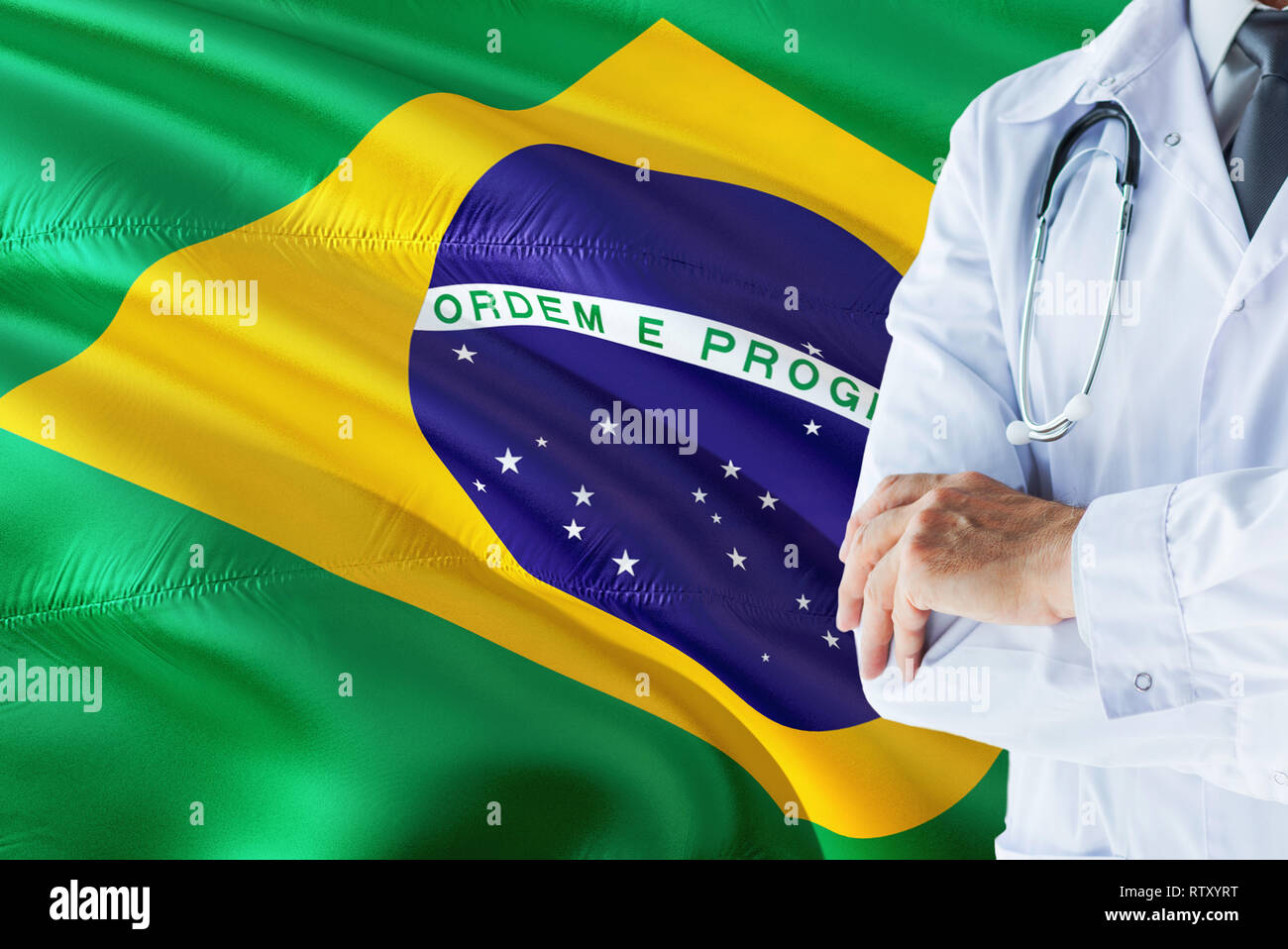 Brazilian Doctor standing with stethoscope on Brazil flag background
