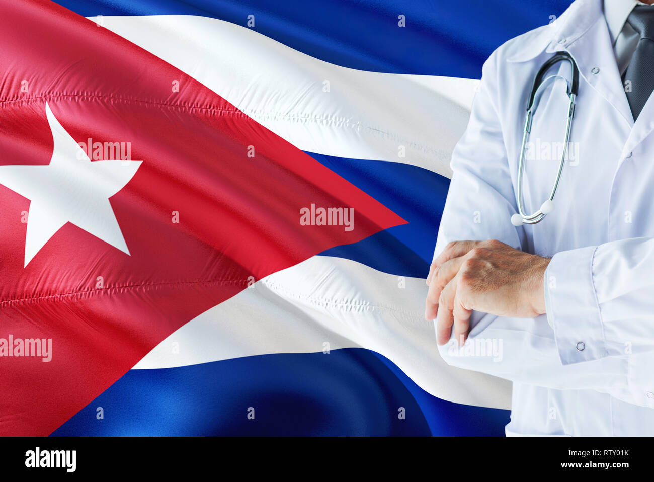 Cuban Doctor standing with stethoscope on Cuba flag background