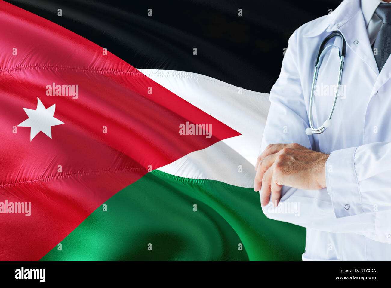 Jordanian Doctor standing with stethoscope on Jordan flag background