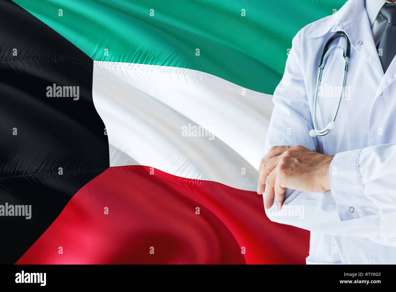 Kuwaiti Doctor standing with stethoscope on Kuwait flag background