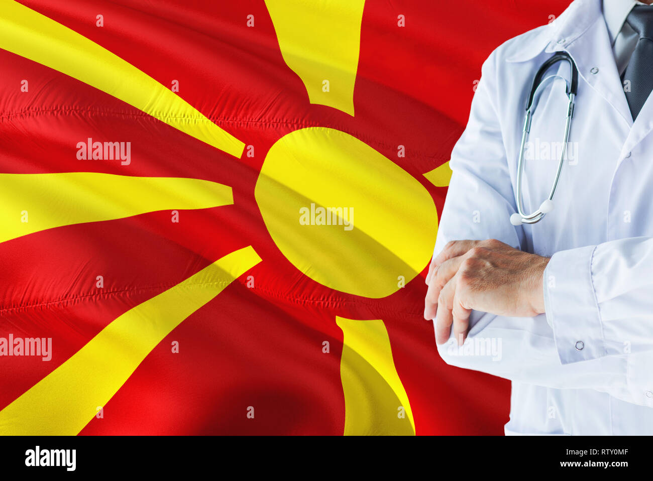 Macedonian Doctor standing with stethoscope on Macedonia flag