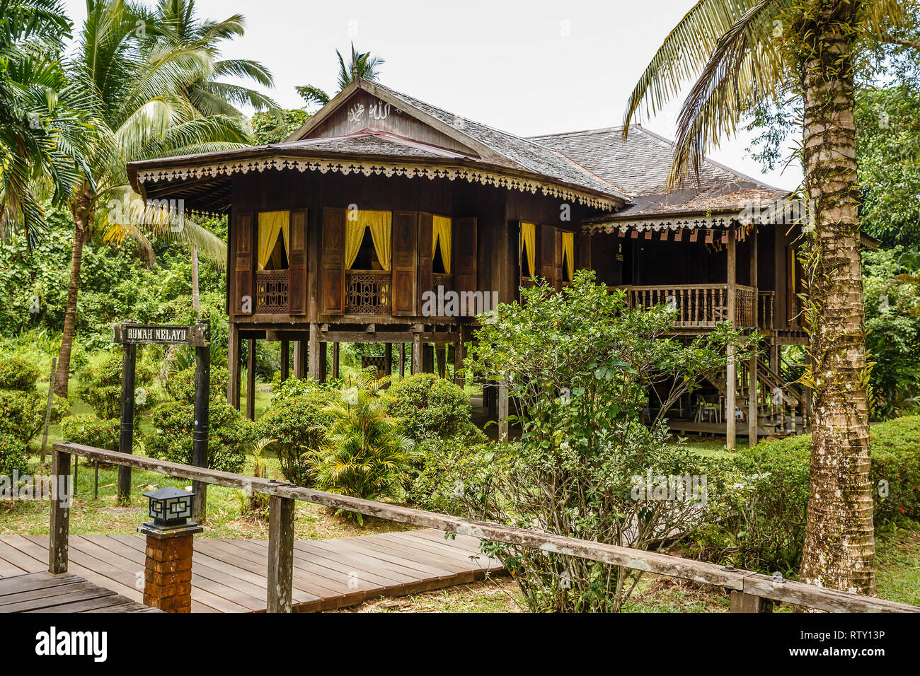 Traditional wooden houses. Malay Town House in the Kuching to Sarawak Culture village. Borneo, Malaysia Stock Photo