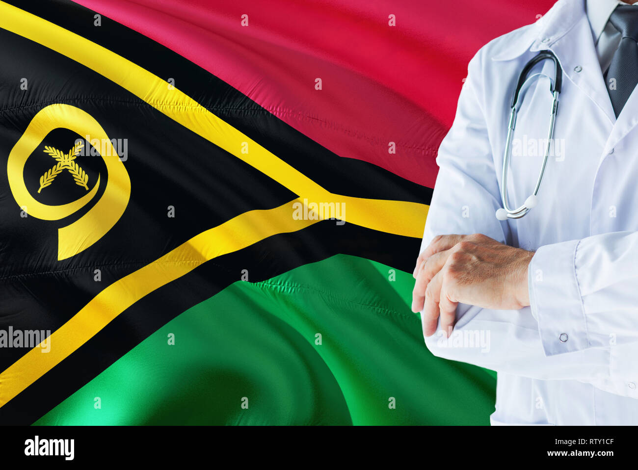 Doctor standing with stethoscope on Vanuatu flag background. National healthcare system concept, medical theme. Stock Photo