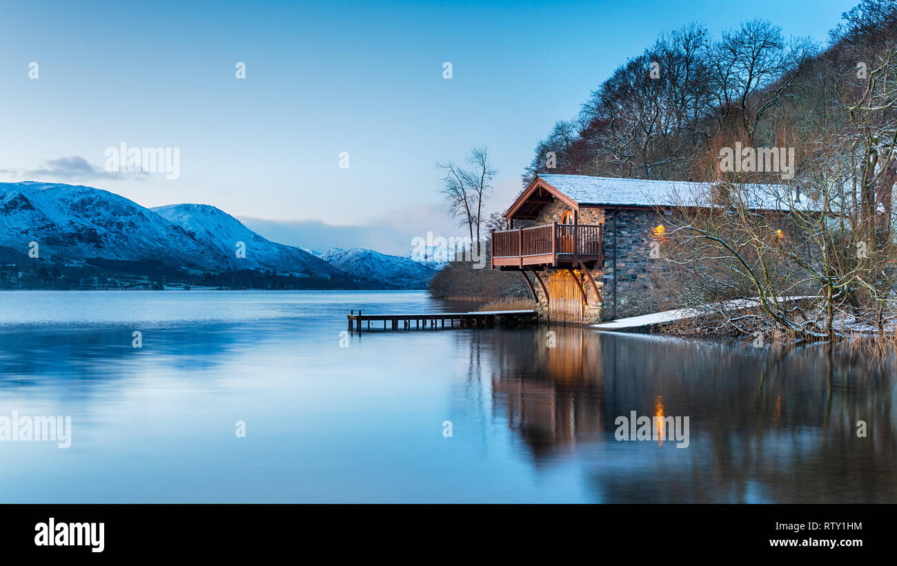 Dawn at the old boat house on Ullswater at Pooley Bridge in the Lake District National Park in Cumbria Stock Photo
