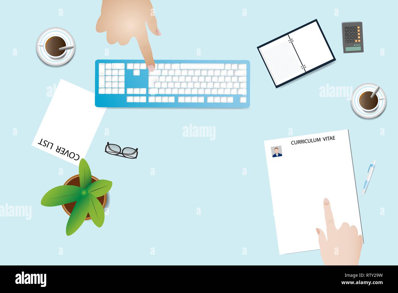 Top view of the office desk with office equipment. Personnel manager is