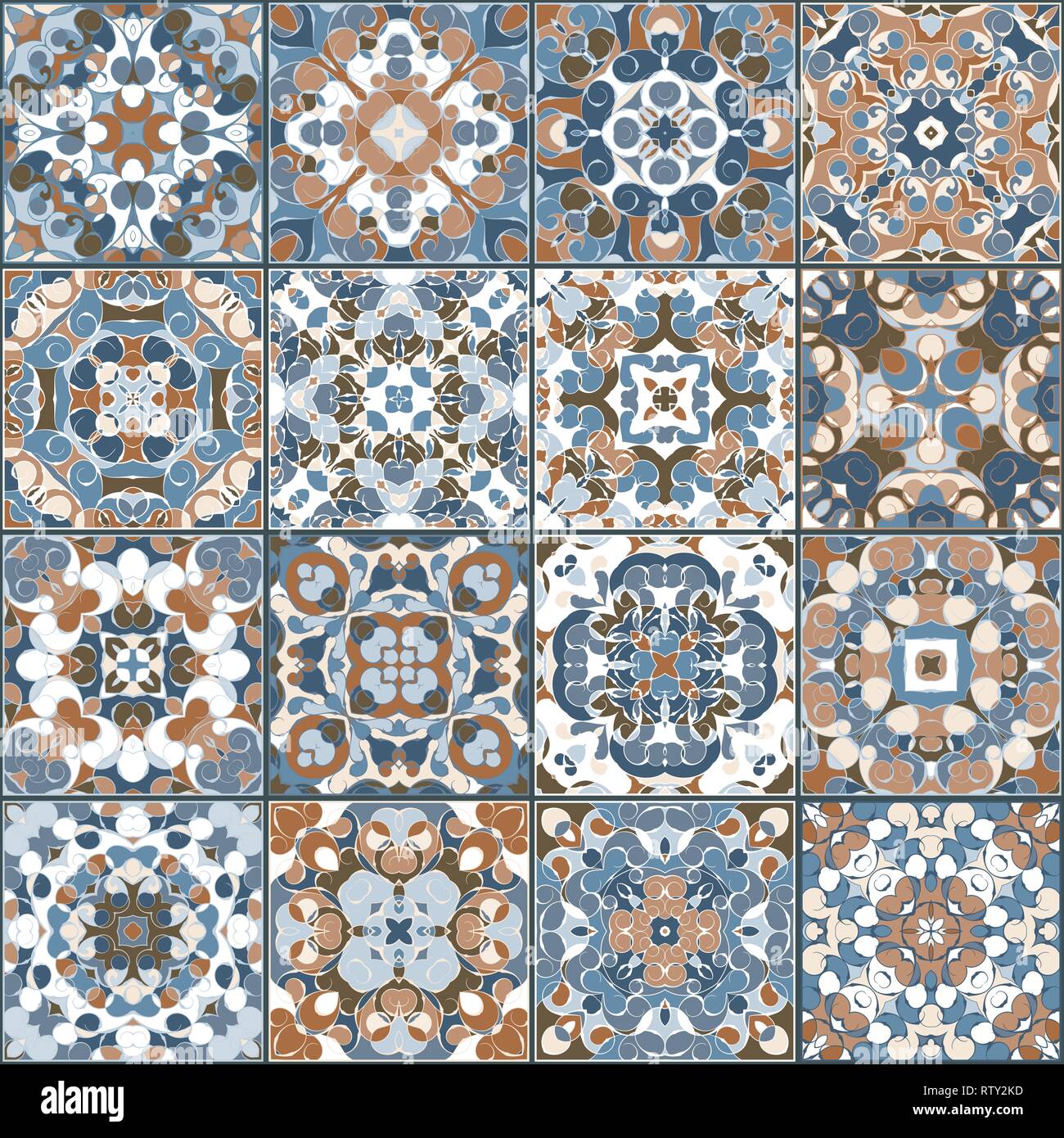 A collection of ceramic tiles in blue and brown retro colors. A set of square patterns in ethnic style. Vector illustration. Stock Vector
