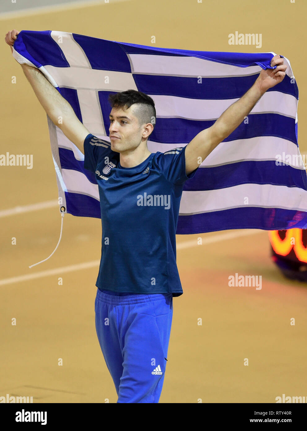 Greece S Mitiadis Tentoglou Celebrates After Winning The Men S Triple Jump Final During Day Three Of The European Indoor Athletics Championships At The Emirates Arena Glasgow Stock Photo Alamy