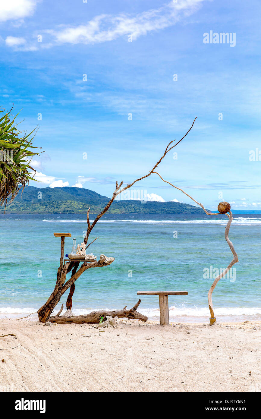 Ocean view and dry tree on the beach of Gili Trawangan, Indonesia. Stock Photo