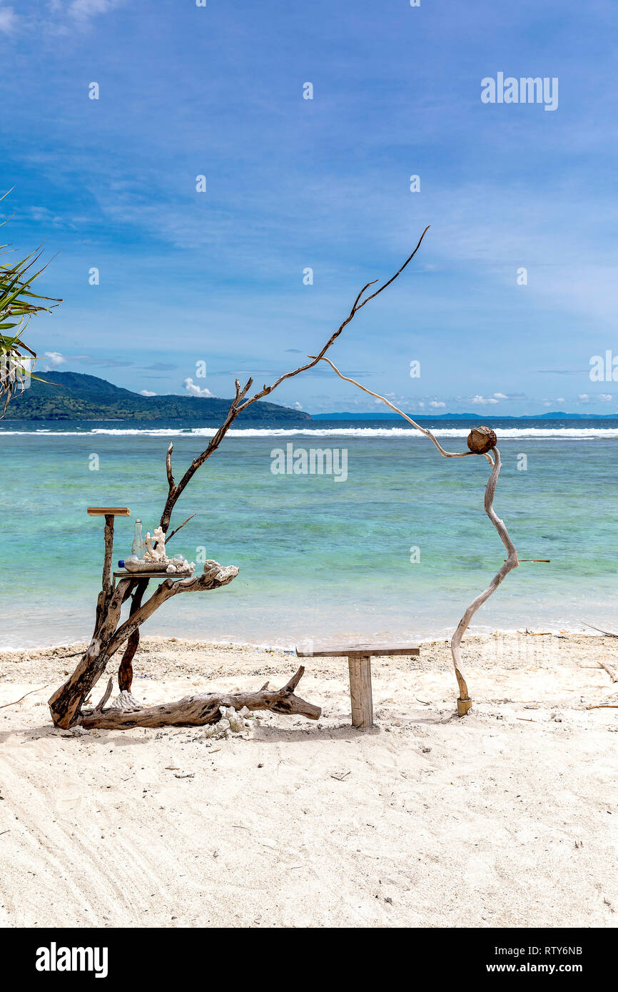 Ocean view and dry tree on the beach of Gili Trawangan, Indonesia. Stock Photo